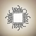 CPU Microprocessor illustration. Vector. Brush drawed black icon