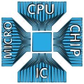 Cpu, Microprocessor, Microchip, Circuit board. Flat Icon. Symbol with text on blue background. Vector Illustration. Royalty Free Stock Photo