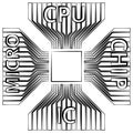 Cpu, Microprocessor, Microchip, Circuit board. Flat Icon. Symbol with text on white background. Vector Illustration. Royalty Free Stock Photo