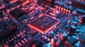 Cpu processing data on circuit board with red and blue lights
