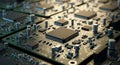 CPU processor chip on circuit board closeup golden light Royalty Free Stock Photo