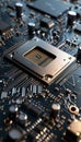 Cpu with semiconductor components, showcasing precision and complexity on clean background