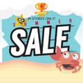 Crab On The Beach, Clamping a Letter Summer Sale Banner 5000x5000 Pixel Concept Vector