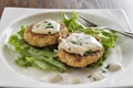 Crab cakes with creamy mustard sauce Royalty Free Stock Photo