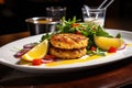 crab cakes served with side salad and lemon