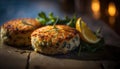 Crab Cakes On Stone, Blurred Background, Rustic Pub. Generative AI Royalty Free Stock Photo