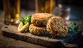 Crab Cakes On Stone, Blurred Background, Rustic Pub. Generative AI Royalty Free Stock Photo