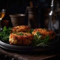 Crab Cakes On Stone In Rustic Pub. Generative AI Royalty Free Stock Photo