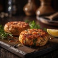 Crab Cakes On Stone In Rustic Pub. Generative AI Royalty Free Stock Photo
