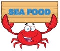 Crab Cartoon Mascot Character Holding Wooden Sign With Text Sea Food Royalty Free Stock Photo