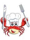 Crab chef mascot holding fork knife isolated