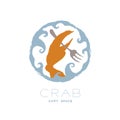 Crab claw holding fork in wave frame circle shape, logo icon set brush design orange color illustration Royalty Free Stock Photo