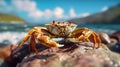 Crab close up sitting on a rock. Generative Ai Royalty Free Stock Photo