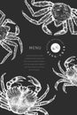 Crab design template. Hand drawn vector seafood illustration on chalk board. Engraved style crustacean. Vintage lobster banner