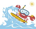 Cartoon of crab the funny surfer