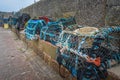 Crab and lobster catcher boxes ready for the next catch. Trap boxes to catch crabs and lobsters on the sea floor