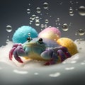 a crab with a lot of bubbles on it\'s back sitting on a pile of foamy bubbles with a blue crab in the middle