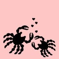 Crab lovers . Hearts, Black Silhouettes of sea animals on pink. Valentine`s day card, place for text