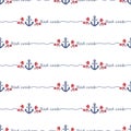 Crab Sailor. Anchor. Vector character. Funny red crab on the striped background for textiles