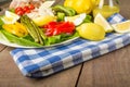 Crab salad with asparagus eggs and peppers Royalty Free Stock Photo