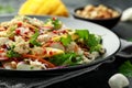 Crab salad with vegetables, radish, carrots, mango, pine nuts and prawn crackers Royalty Free Stock Photo
