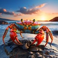 crab on a sandy wet beach at sunset