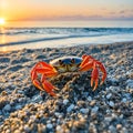 crab on a sandy wet beach at sunset