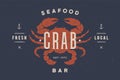 Crab, seafood. Vintage icon crab label, logo, print