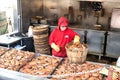 crab seller at a seafood market in Washington puts crabs on the counter