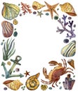 Crab, shells, anchor, mollusks, algae, corals, sea rocks and inhabitants. Decorative frame with marine life. Royalty Free Stock Photo