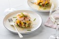 Crab and shrimp stack salad made with mango, cucumber and avocado.