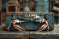 a crab is sitting on top of a blue trunk on a wooden table