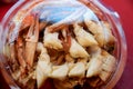Crab, steamed, pickled sheep`s out ready to eat in plastic box