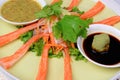 Crab stick meal, decorate crab stick in green plate Japanese foo Royalty Free Stock Photo