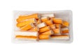 Crab Stick Pile Isolated, Orange Crabstick in Plastic Packaging, Container, Crabmeat Food, Crabmeat nd