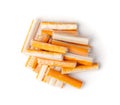 Crab Stick Pile Isolated, Orange Crabstick in Plastic Packaging, Container, Crabmeat Food, Crabmeat nd