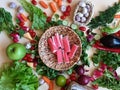 Crab sticks vegetables and fruits Assorted  red paprika green olive sweet pepper salad onion cucumber carrots salt parsley garlic Royalty Free Stock Photo