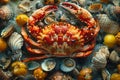 a crab is surrounded by seashells and lemons on a table