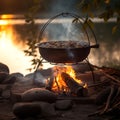 crab on a tripod over a crackling campfire