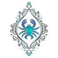Crab. Vector image on a white background. Blue color. Beautiful frame. Modern style Royalty Free Stock Photo