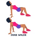 Crab walks. Squat. Sport exersice. Silhouettes of woman doing exercise. Workout, training