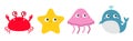Crab whale Jellyfish Starfish toy icon set line. Big eyes. Yellow star. Cute cartoon kawaii funny baby character. Sea ocean animal Royalty Free Stock Photo