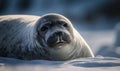 Crabeater seal captured amidst vast expanses of ice & snow. Animal is pictured basking in soft diffused light of the Antarctic sun