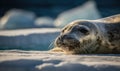 Crabeater seal captured amidst vast expanses of ice & snow. Animal is pictured basking in soft diffused light of the Antarctic sun