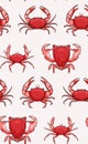 Crabs pattern, red seamless seafood repetition print. Ocean marine animal Summer background. Underwater wild tropical decoration