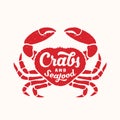 Crabs and Seafood Abstract Vector Sign, Emblem, Icon or Logo Template. Red Crab Silhouette with Retro Typography and Royalty Free Stock Photo