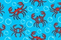 Red outlined colored crabs seamless textile pattern on white in different poses