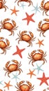 Crabs and Starfish Seamless Pattern on White Royalty Free Stock Photo