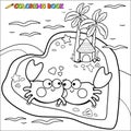 Crabs walking on the beach. Vector black and white coloring page.