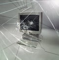 Crack, glass and isolated desktop computer with problem, destruction and vintage hardware by white background. Retro pc